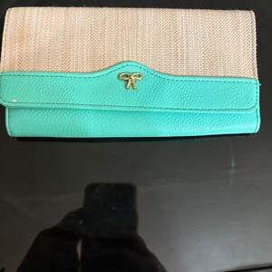 Beige and Mint Green Raffia Wallet with Gold Bow Detail